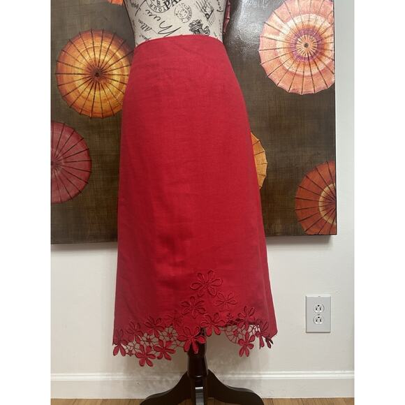 Elegant Midi Linen Blend Skirt W/Floral Embroidered Scallop Hem Cottagecore 14 - Picture 1 of 5